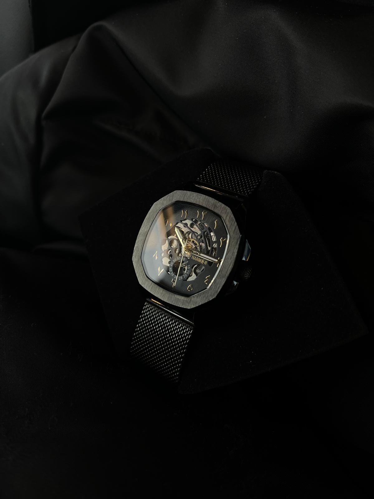 Luxury Men’s Black Stainless Steel Watch 41mm – Arabic Dial | Narmer